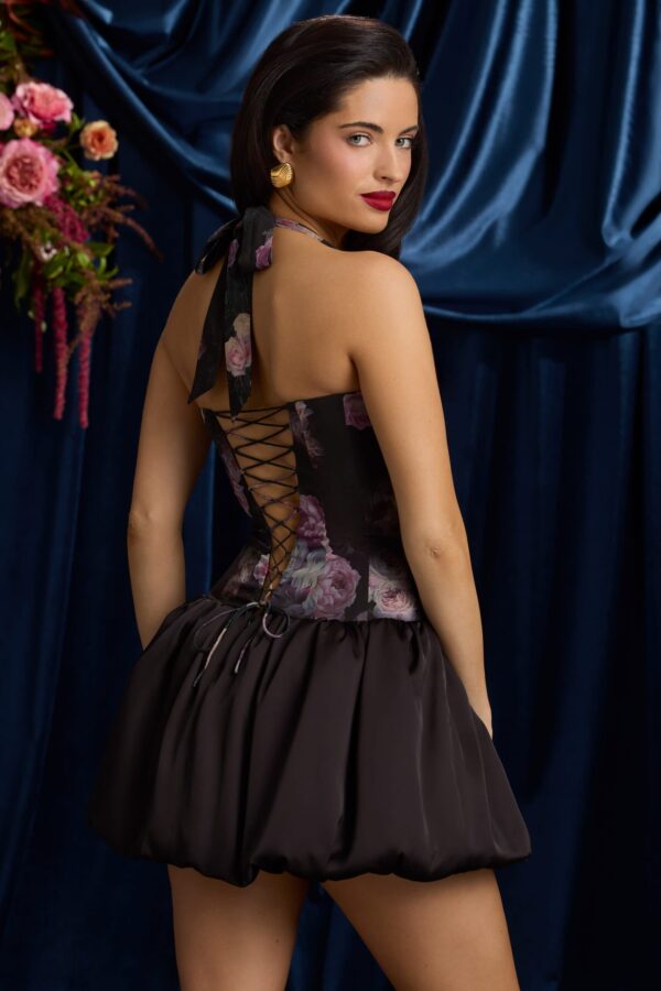Halterneck Lace-Up Bubble Hem Mini Dress in Black Floral Print - Image 2