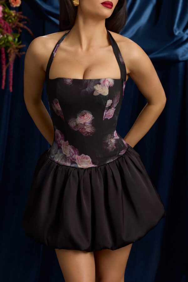 Halterneck Lace-Up Bubble Hem Mini Dress in Black Floral Print - Image 4