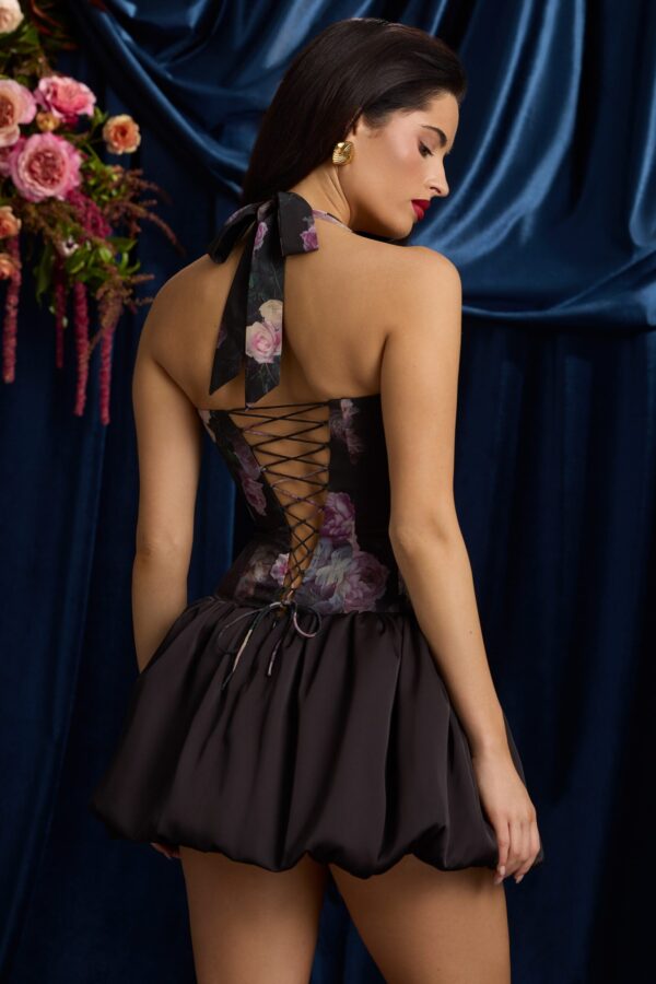 Halterneck Lace-Up Bubble Hem Mini Dress in Black Floral Print - Image 6