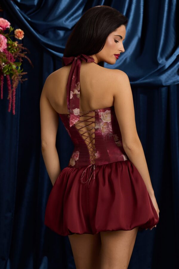 Halterneck Lace-Up Bubble Hem Mini Dress in Maroon Floral Print - Image 7