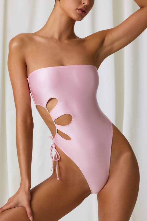 Pearl-Detail Cut-Out Bandeau Swimsuit in Soft Pink - Image 4