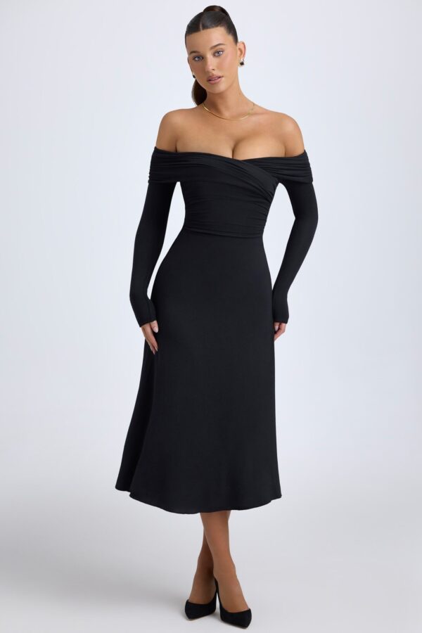 Modal Off-Shoulder Ruched Midaxi Dress in Black - Image 7