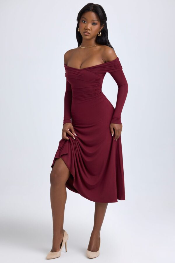 Modal Off-Shoulder Ruched Midaxi Dress in Wine Red - Image 2