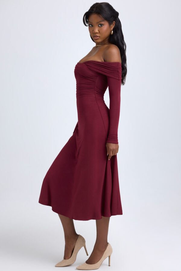 Modal Off-Shoulder Ruched Midaxi Dress in Wine Red - Image 6