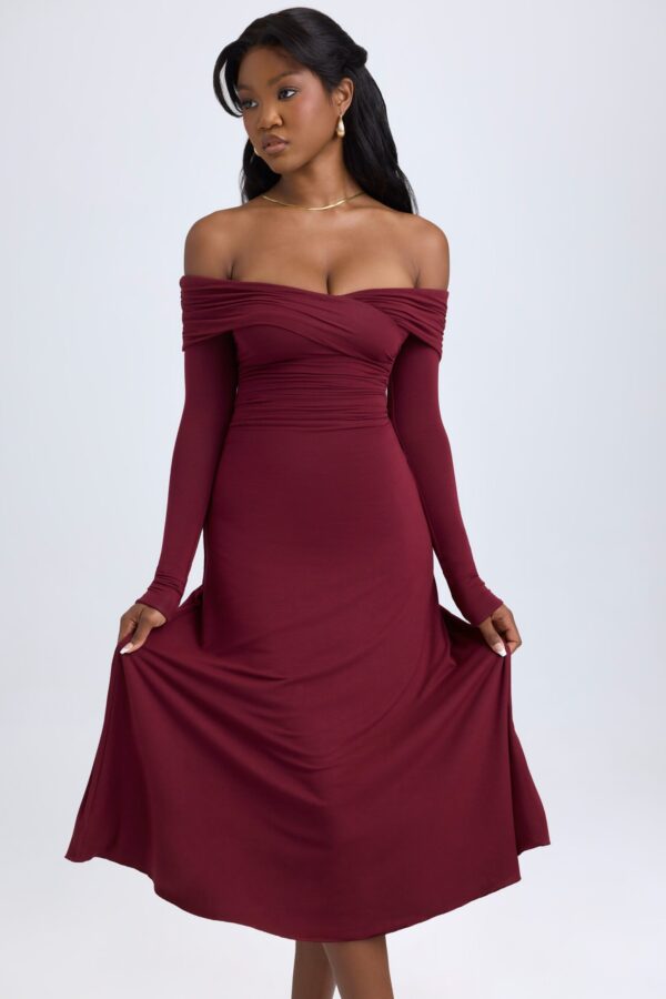 Modal Off-Shoulder Ruched Midaxi Dress in Wine Red - Image 8