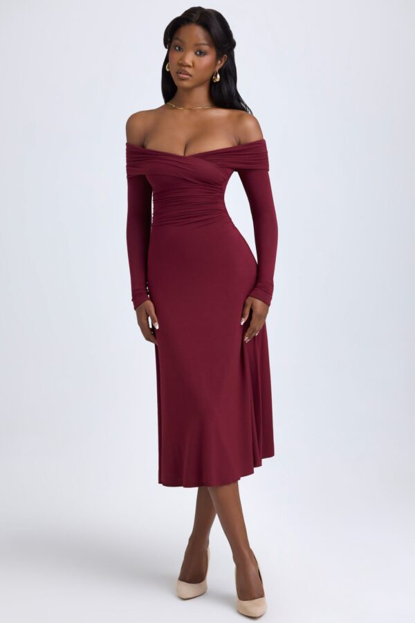 Modal Off-Shoulder Ruched Midaxi Dress in Wine Red - Image 9