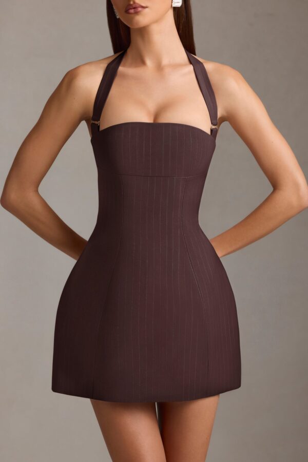 Pinstripe Halterneck Structured A-Line Mini Dress in Chocolate Brown - Image 2
