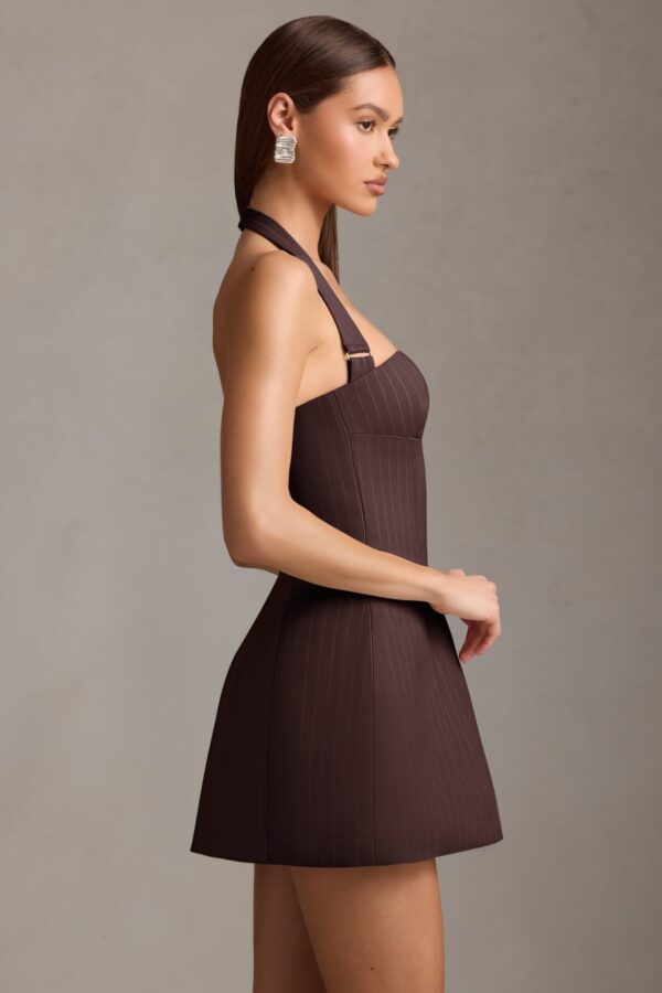 Pinstripe Halterneck Structured A-Line Mini Dress in Chocolate Brown - Image 4