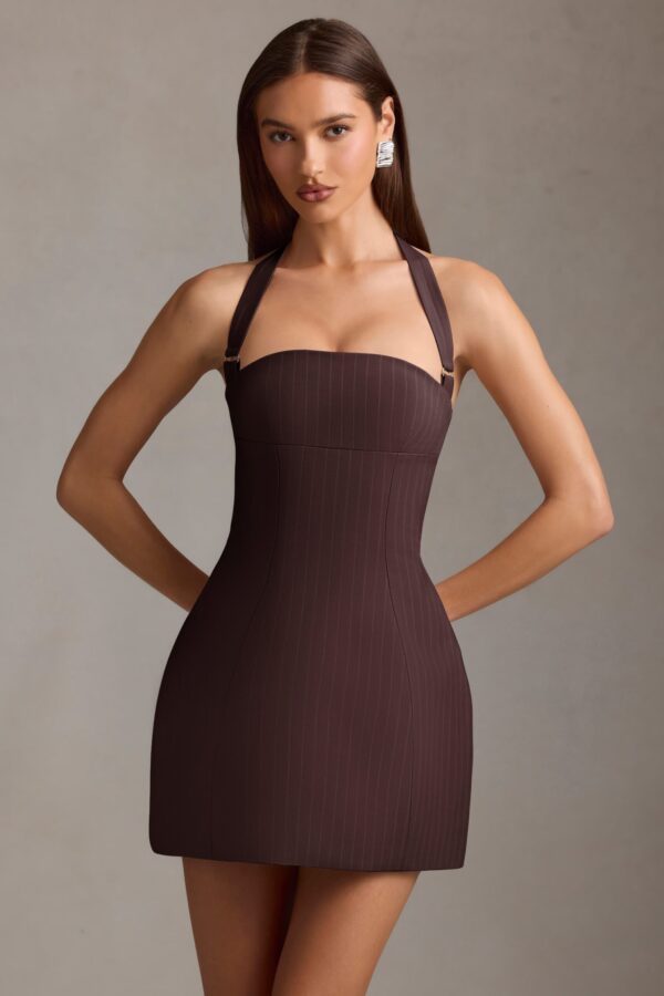 Pinstripe Halterneck Structured A-Line Mini Dress in Chocolate Brown - Image 7