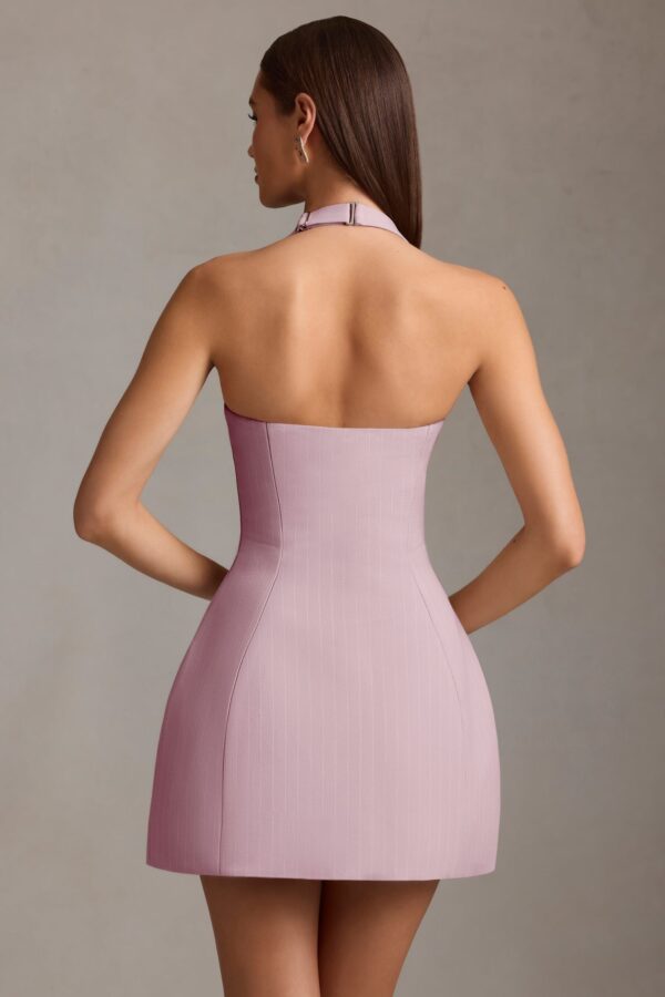 Pinstripe Halterneck Structured A-Line Mini Dress in Mauve - Image 3