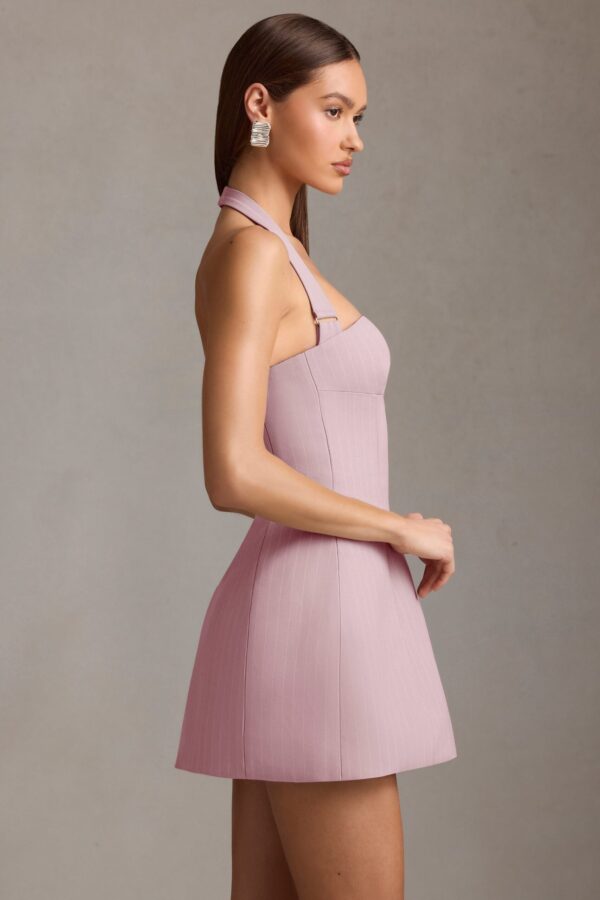 Pinstripe Halterneck Structured A-Line Mini Dress in Mauve - Image 4