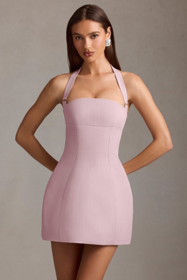 Pinstripe Halterneck Structured A-Line Mini Dress in Mauve - Image 7