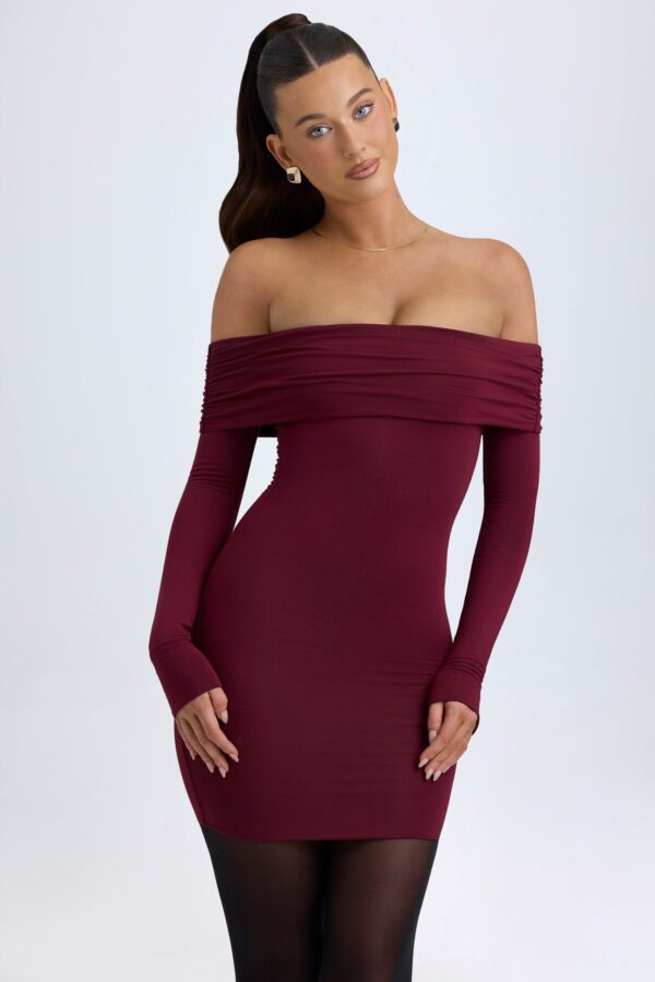 Modal Off-Shoulder Mini Dress in Wine Red - Image 2