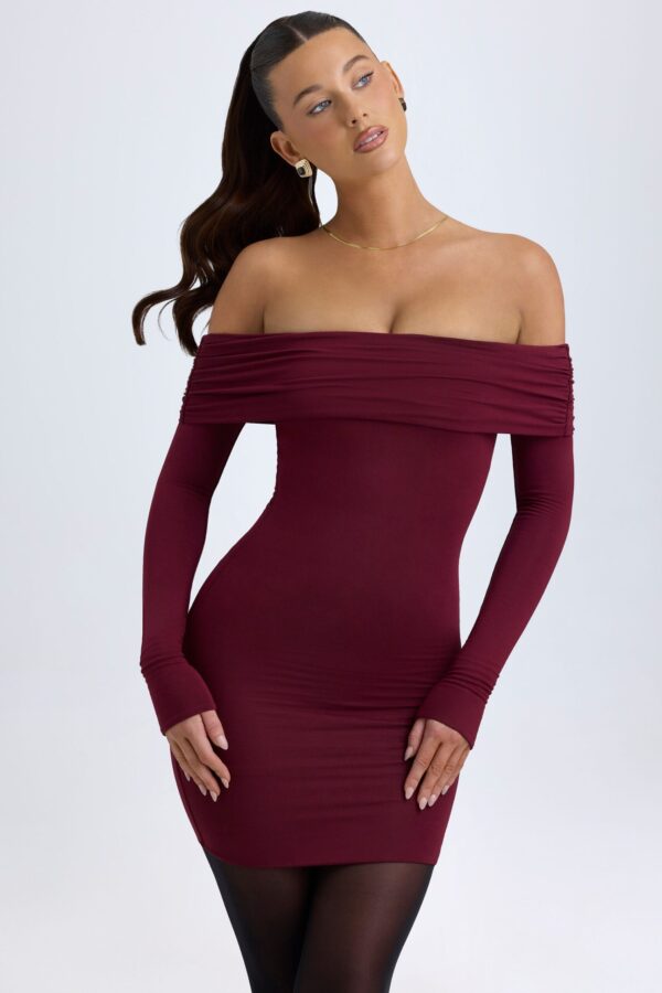 Modal Off-Shoulder Mini Dress in Wine Red - Image 6