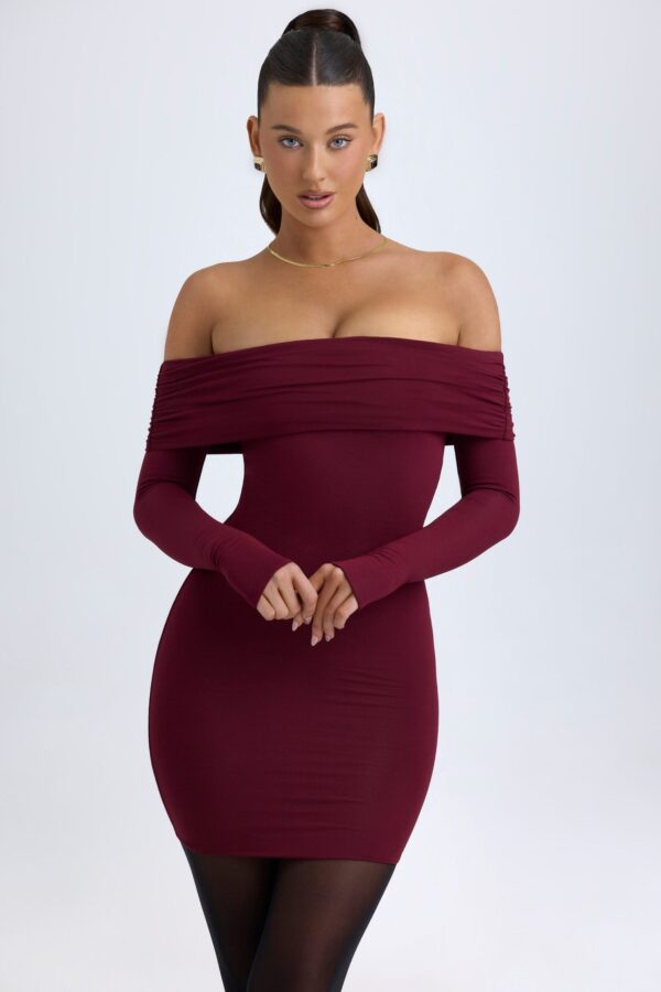 Modal Off-Shoulder Mini Dress in Wine Red - Image 14