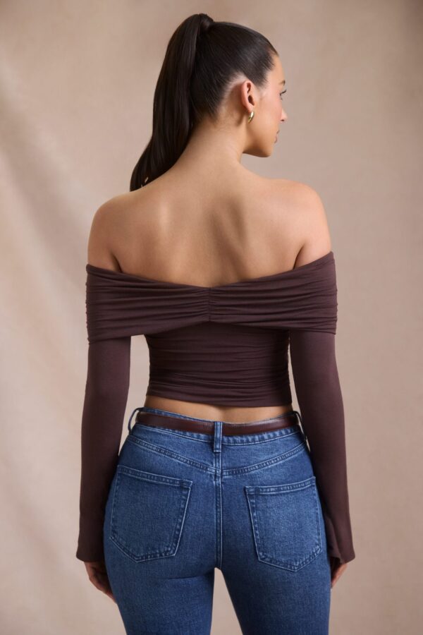 Modal-Cashmere Blend Off-Shoulder Ruched Top in Espresso - Image 3