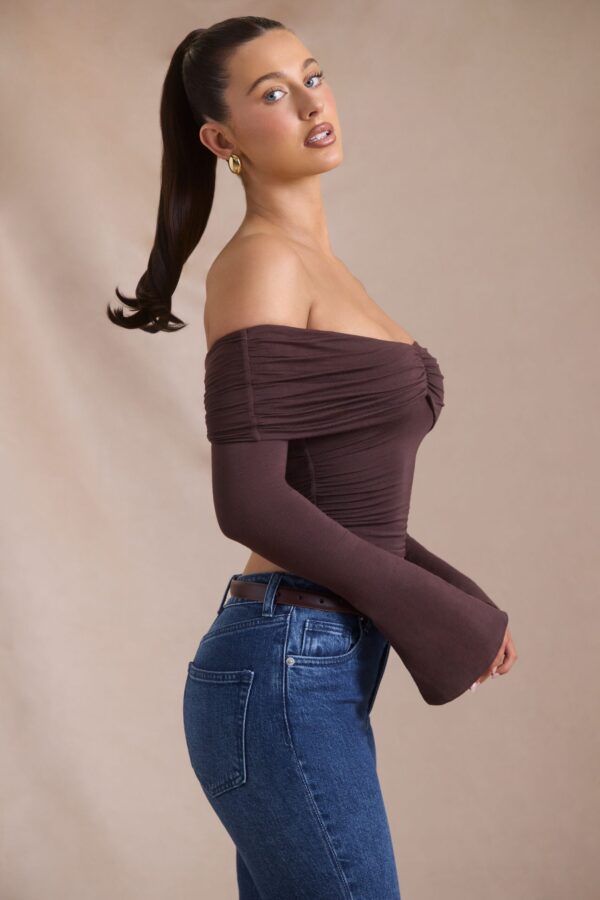 Modal-Cashmere Blend Off-Shoulder Ruched Top in Espresso - Image 4