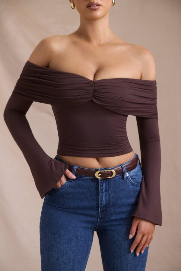 Modal-Cashmere Blend Off-Shoulder Ruched Top in Espresso - Image 5