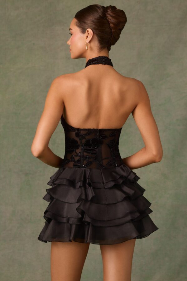 Embellished Ruffled Halterneck Mini Dress in Black - Image 2