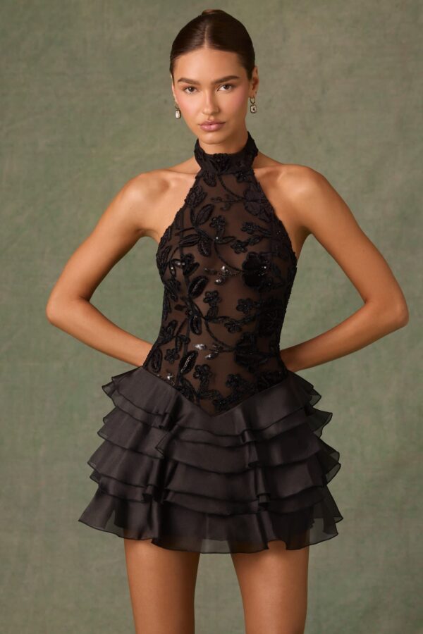 Embellished Ruffled Halterneck Mini Dress in Black - Image 6