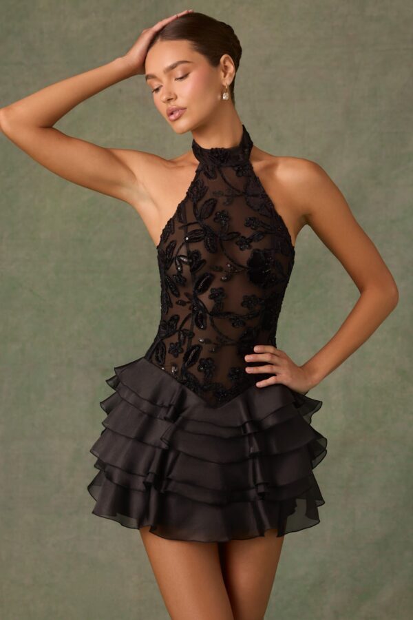 Embellished Ruffled Halterneck Mini Dress in Black - Image 7