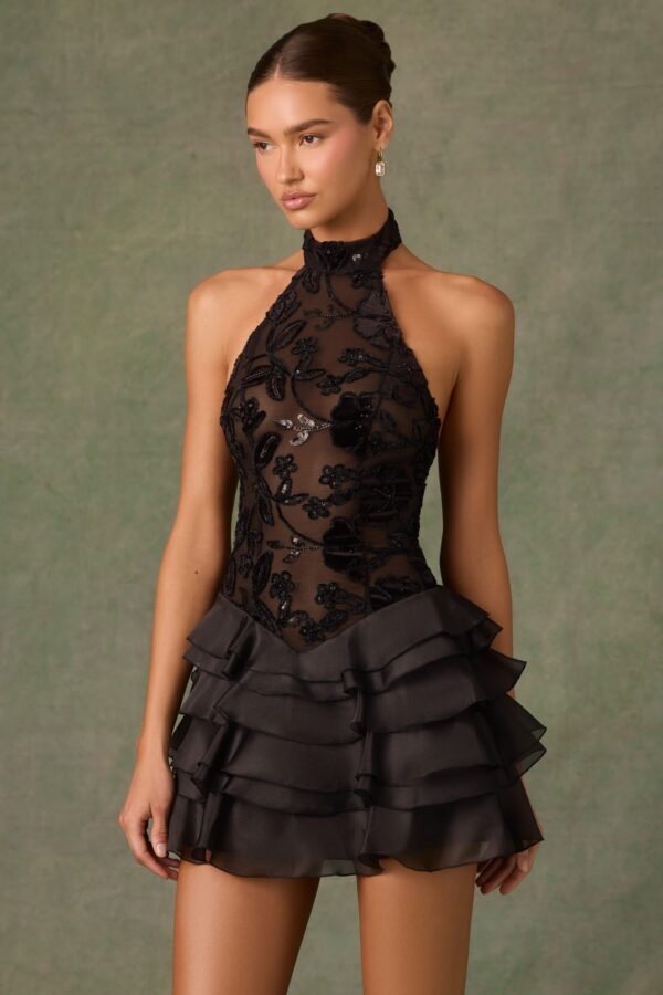 Embellished Ruffled Halterneck Mini Dress in Black - Image 8