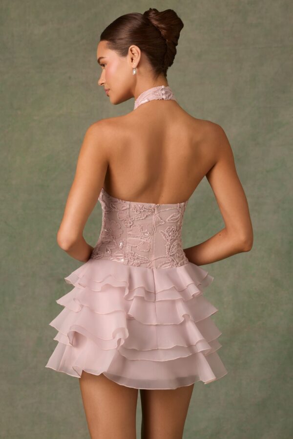 Embellished Ruffled Halterneck Mini Dress in Dusty Rose - Image 2