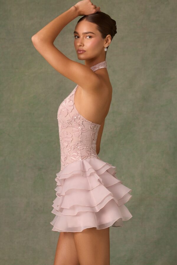 Embellished Ruffled Halterneck Mini Dress in Dusty Rose - Image 3