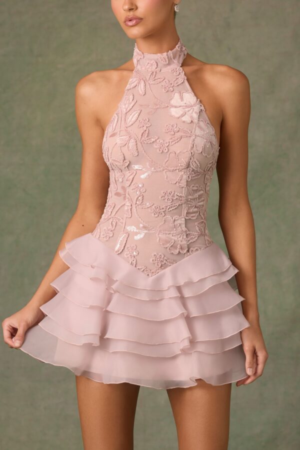 Embellished Ruffled Halterneck Mini Dress in Dusty Rose - Image 4