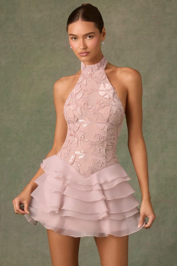 Embellished Ruffled Halterneck Mini Dress in Dusty Rose - Image 7