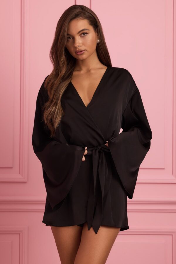 Embellished Wrap-Over Robe in Black - Image 5