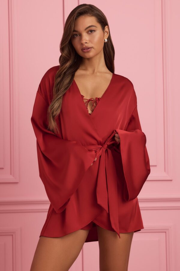 Embellished Wrap-Over Robe in Ruby Red - Image 7