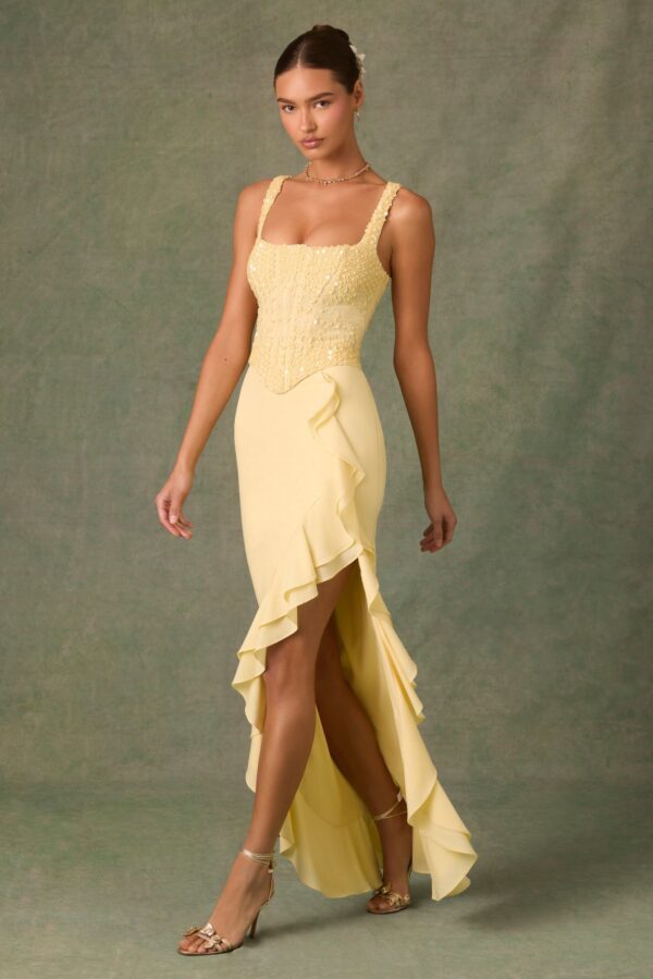 Embellished Ruffle-Trim Corset Gown in Yellow - Image 6