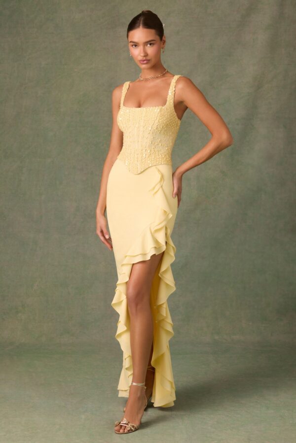 Embellished Ruffle-Trim Corset Gown in Yellow - Image 8