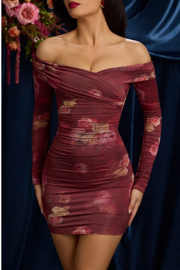 Off-Shoulder Ruched Mini Dress in Maroon Floral Print - Image 2