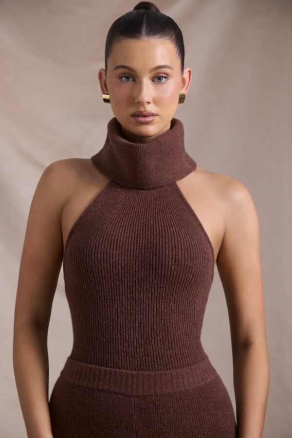 Ribbed-Knit Turtleneck Backless Top in Espresso - Image 4