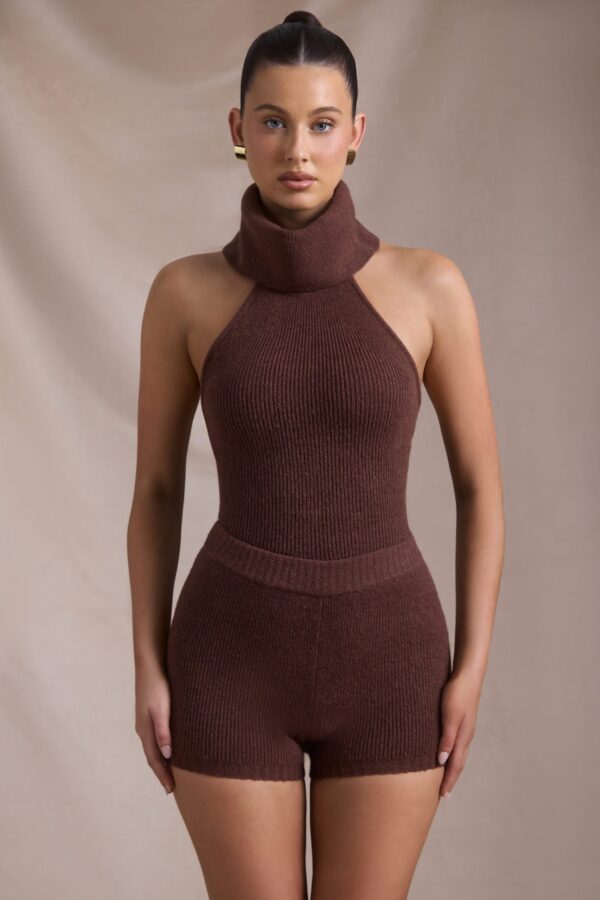 Ribbed-Knit Turtleneck Backless Top in Espresso - Image 5