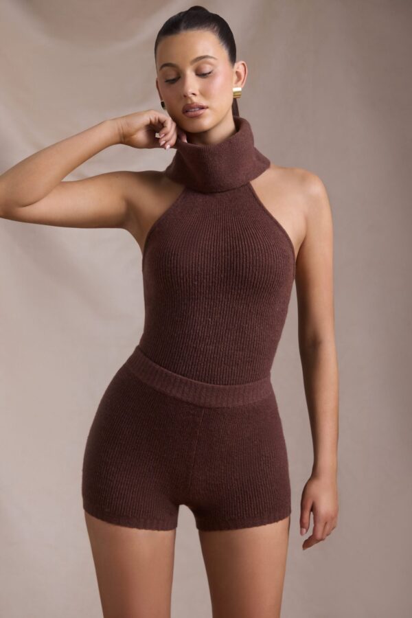 Ribbed-Knit Turtleneck Backless Top in Espresso - Image 6