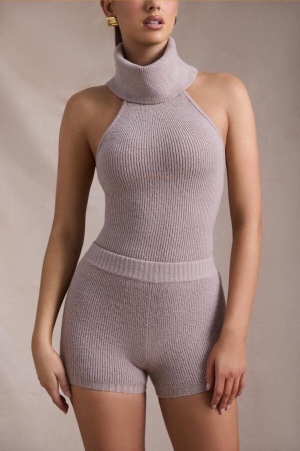 Ribbed-Knit Turtleneck Backless Top in Taupe - Image 5