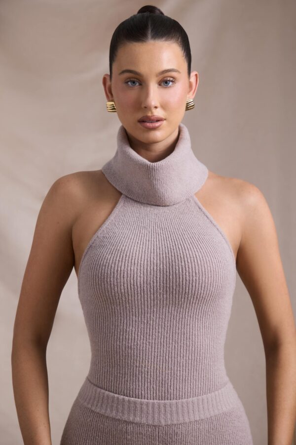 Ribbed-Knit Turtleneck Backless Top in Taupe - Image 6