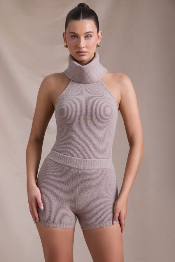 Ribbed-Knit Turtleneck Backless Top in Taupe - Image 7