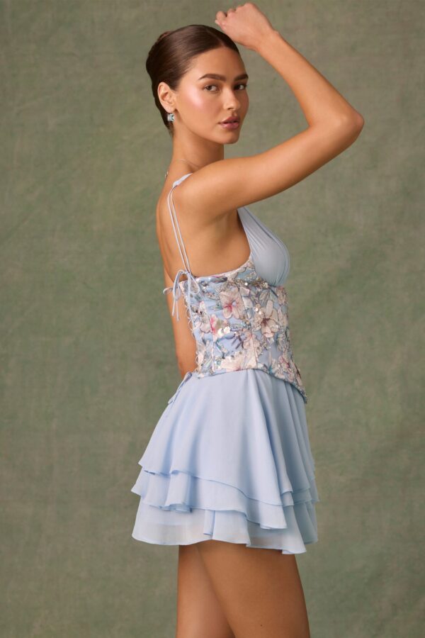 Embellished Ruffled Corset Mini Dress in Floral Blue - Image 3