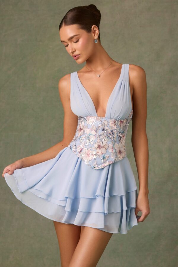 Embellished Ruffled Corset Mini Dress in Floral Blue - Image 6