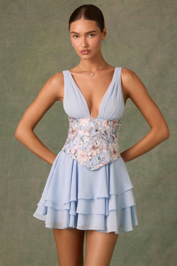 Embellished Ruffled Corset Mini Dress in Floral Blue - Image 8