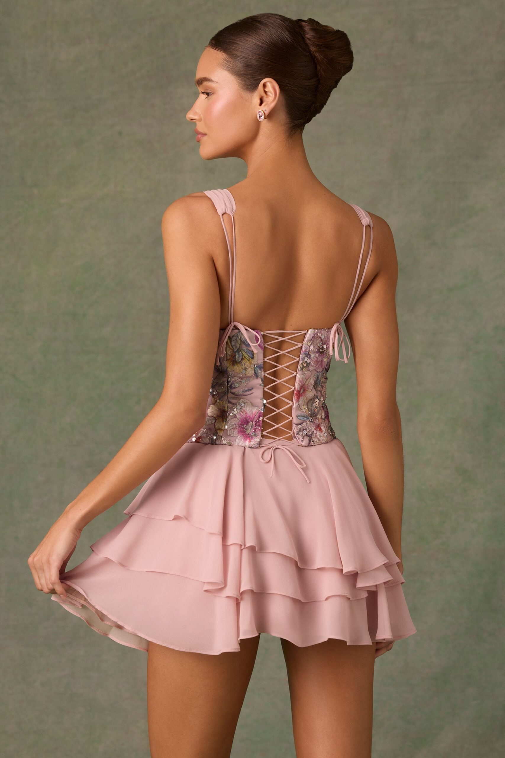 Embellished Ruffled Corset Mini Dress in Floral Pink - Image 2