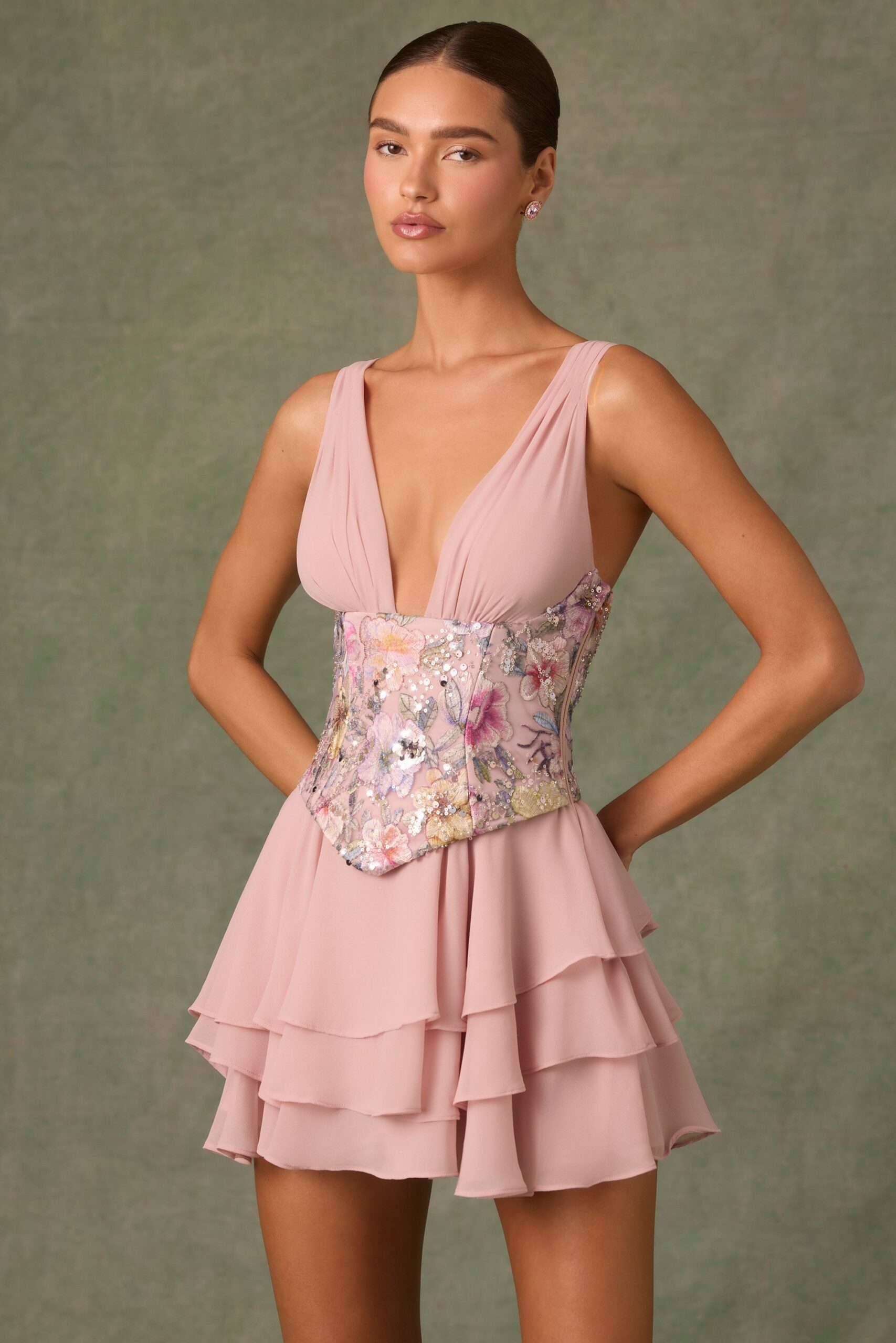 Embellished Ruffled Corset Mini Dress in Floral Pink - Image 7