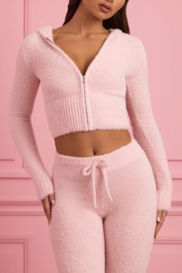Fluffy Knit Zip-Up Hoodie in Baby Pink - Image 2
