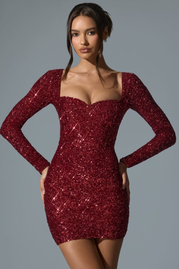 Embellished Sweetheart-Neck Mini Dress in Red - Image 6