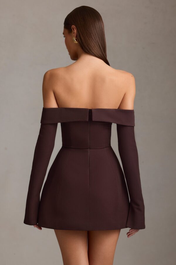 Off-Shoulder Structured A-Line Mini Dress in Chocolate Brown - Image 3