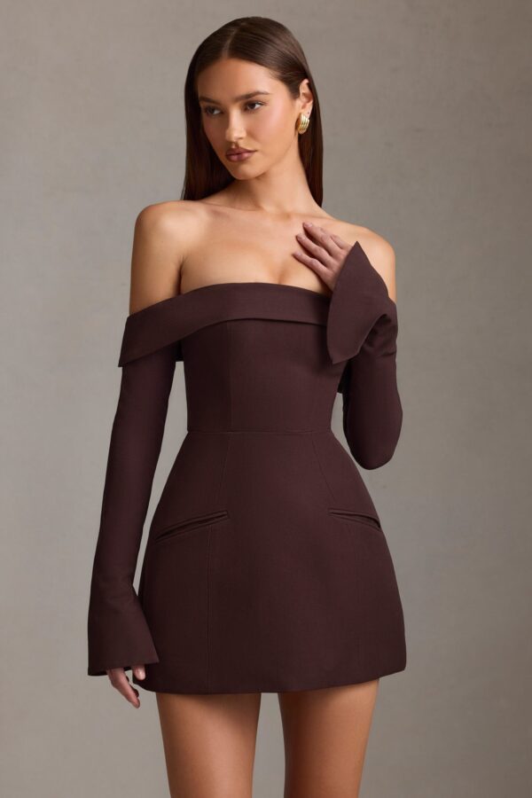 Off-Shoulder Structured A-Line Mini Dress in Chocolate Brown - Image 7